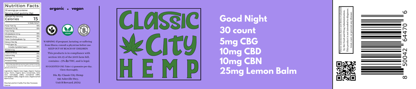 Good Night Gummy - 10mgCBD, 5mgCBG, 10mgCBN, 25mg Lemon Balm