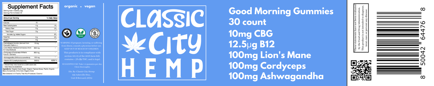 Good Morning Gummy - 10mgCBG, 12.5µg B12, 100mg Lion's Mane, 100mg Cordyceps, 100mg Ashwagandha