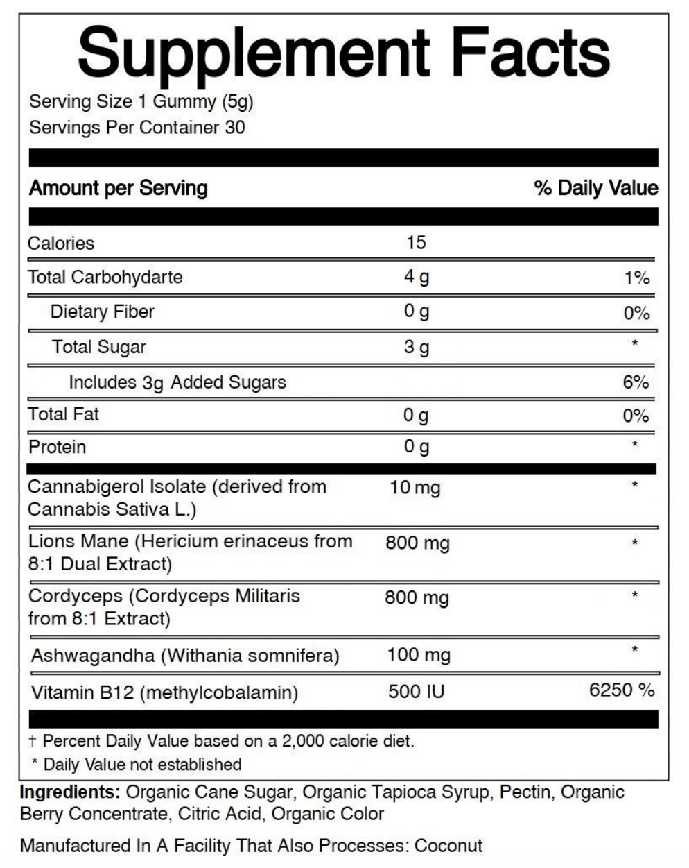 Good Morning Gummy - 10mgCBG, 12.5µg B12, 100mg Lion's Mane, 100mg Cordyceps, 100mg Ashwagandha