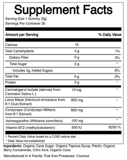 Good Morning Gummy - 10mgCBG, 12.5µg B12, 100mg Lion's Mane, 100mg Cordyceps, 100mg Ashwagandha